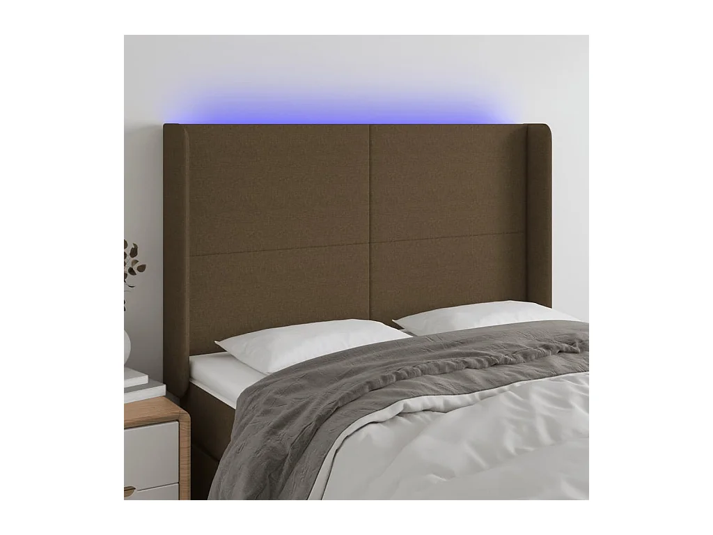 Mueble cabecero | Cabezal de cama | Cabecero con LED de tela marrón oscuro 147x16x118/128 cm