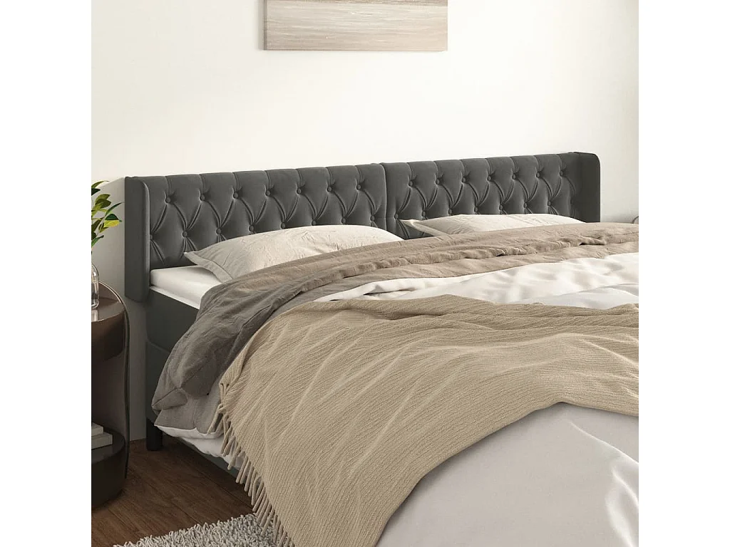 Mueble cabecero | Cabezal de cama | Cabecero de terciopelo gris oscuro 203x16x78/88 cm