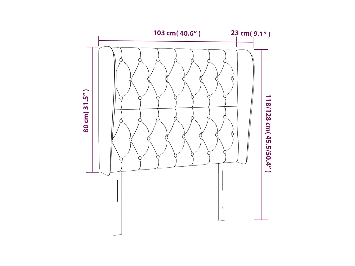 Cabecero | Cabezal de Cama | Mueble cabecero con orejas de terciopelo negro 103x23x118/128 cm