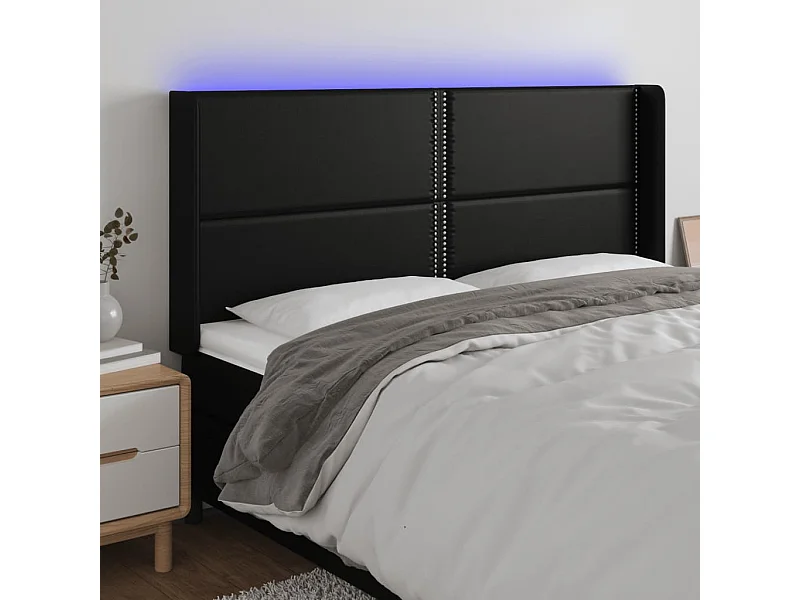 Cabecero | Cabezal de Cama | Mueble cabecero con LED cuero sintético negro 203x16x118/128 cm