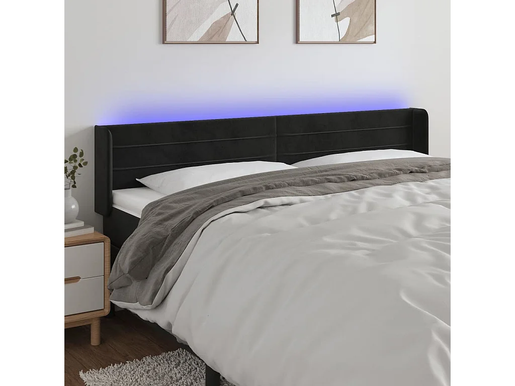 Cabecero | Cabezal de Cama | Mueble cabecero con LED de terciopelo negro 203x16x78/88 cm