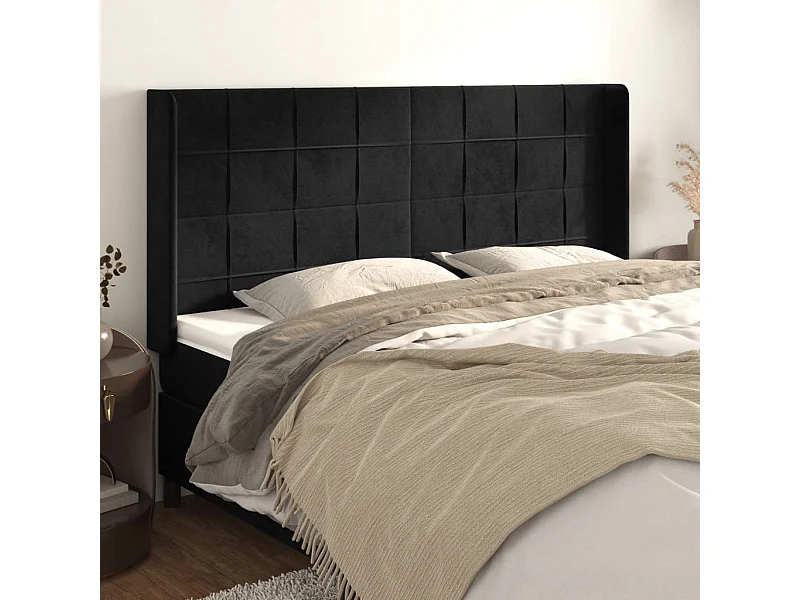 Tête de Lit | Panneau de tête pour lit Moderne avec oreilles Noir 163x16x118/128 cm Velours