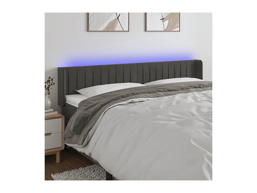 Tête de Lit | Panneau de tête pour lit Moderne à LED Gris foncé 163x16x78/88 cm Velours