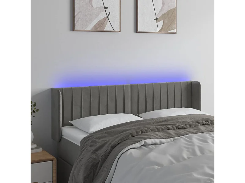 Cabecero | Cabezal de Cama | Mueble cabecero con LED de terciopelo gris claro 147x16x78/88 cm