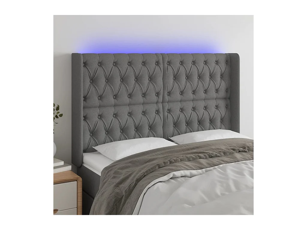 Mueble cabecero | Cabezal de cama | Cabecero con LED de tela gris oscuro 147x16x118/128 cm