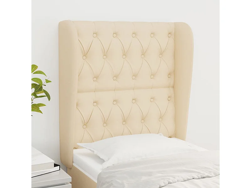 Cabecero | Cabezal de Cama | Mueble cabecero con orejas de tela color crema 83x23x118/128 cm