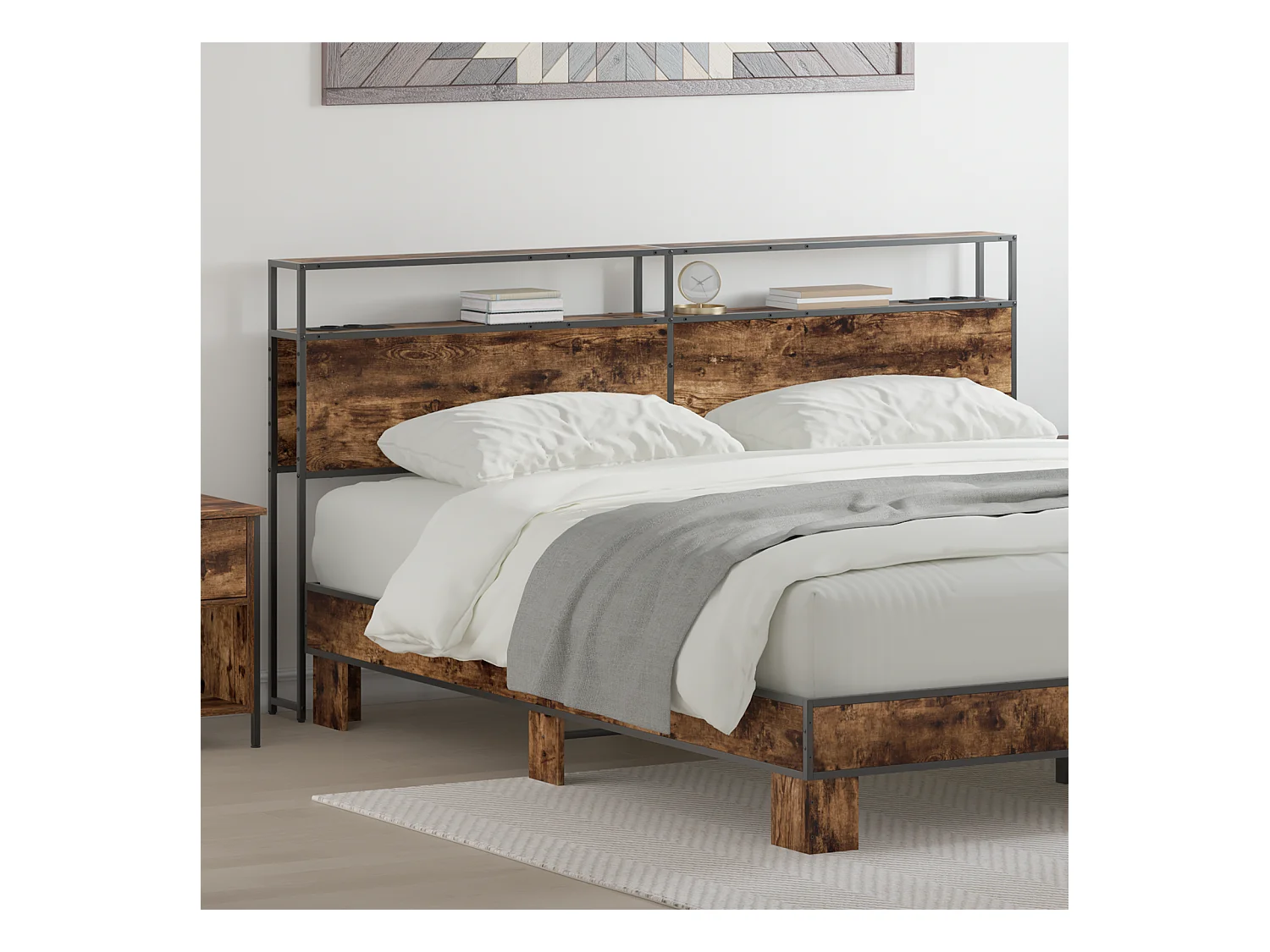 Mueble cabecero con almacenamiento | Cabecera de almacenamiento con estante Roble ahumado 200 cm