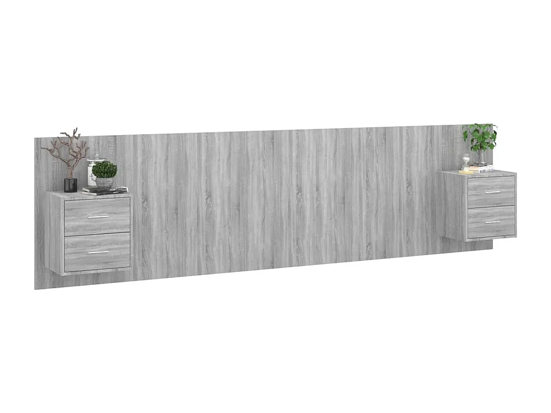 Mueble cabecero | Cabezal de cama | Cabecero de cama y mesitas madera contrachapada gris Sonoma