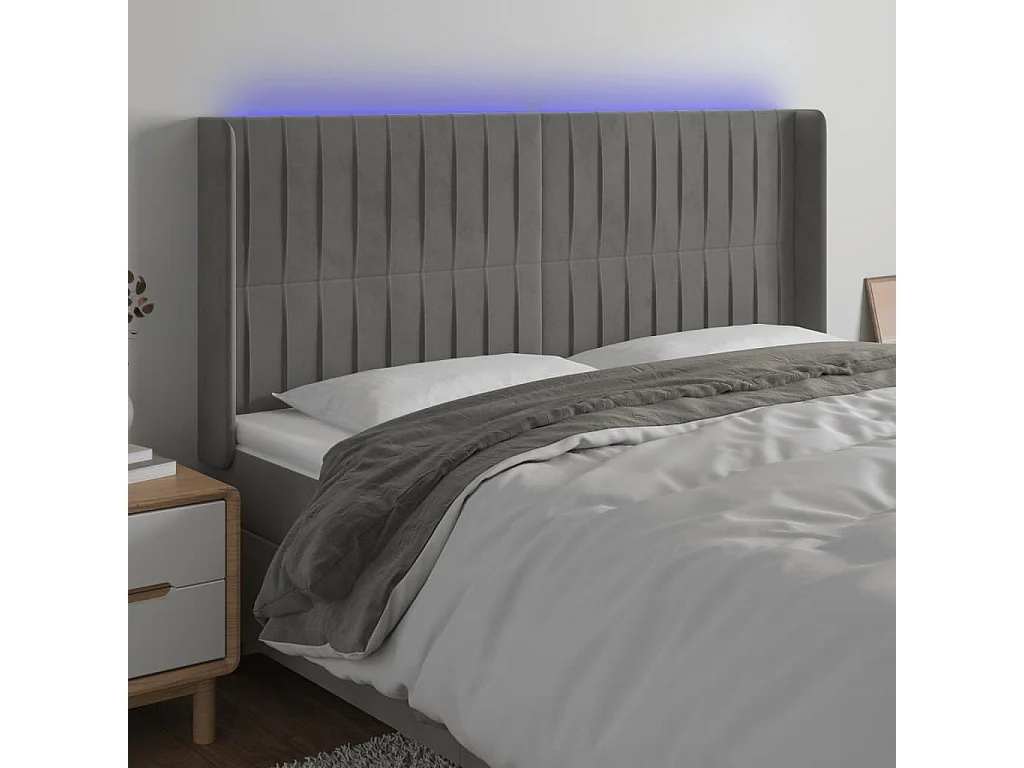 Tête de Lit | Panneau de tête pour lit Moderne à LED Gris clair 183x16x118/128 cm Velours