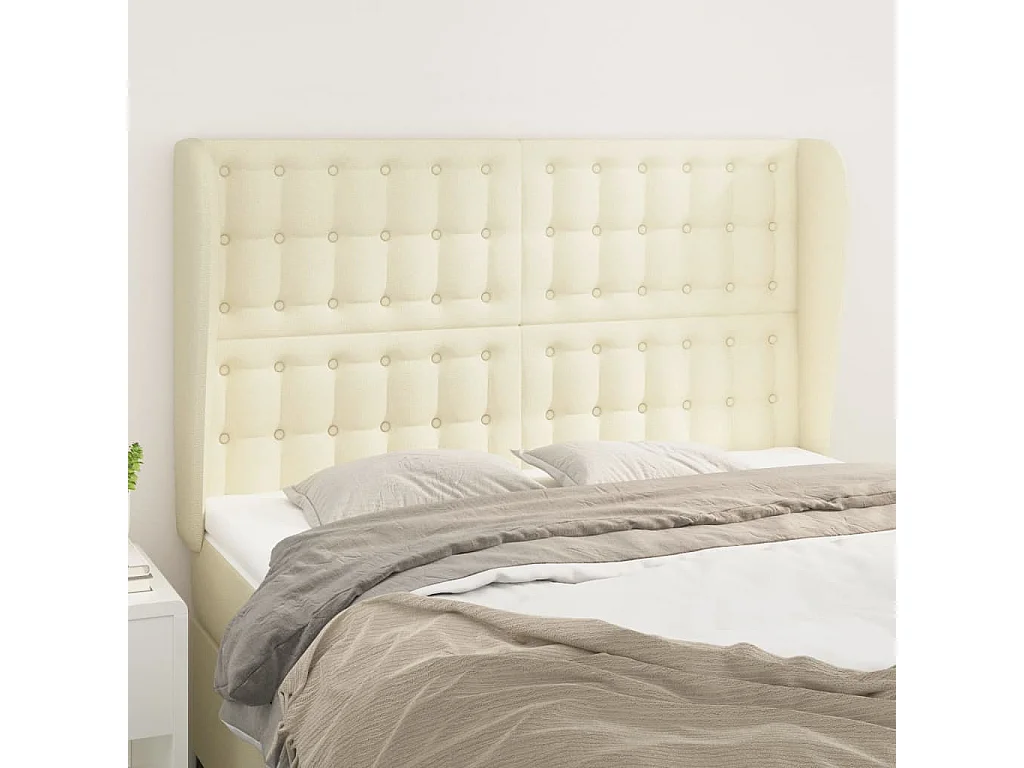 Cabecero | Cabezal de Cama | Mueble cabecero con orejas de cuero sintético crema 147x23x118/128cm