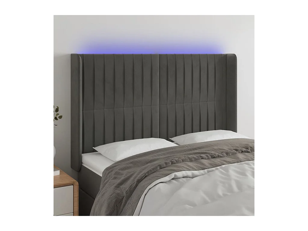 Cabecero | Cabezal de Cama | Mueble cabecero con LED de terciopelo gris oscuro 147x16x118/128 cm