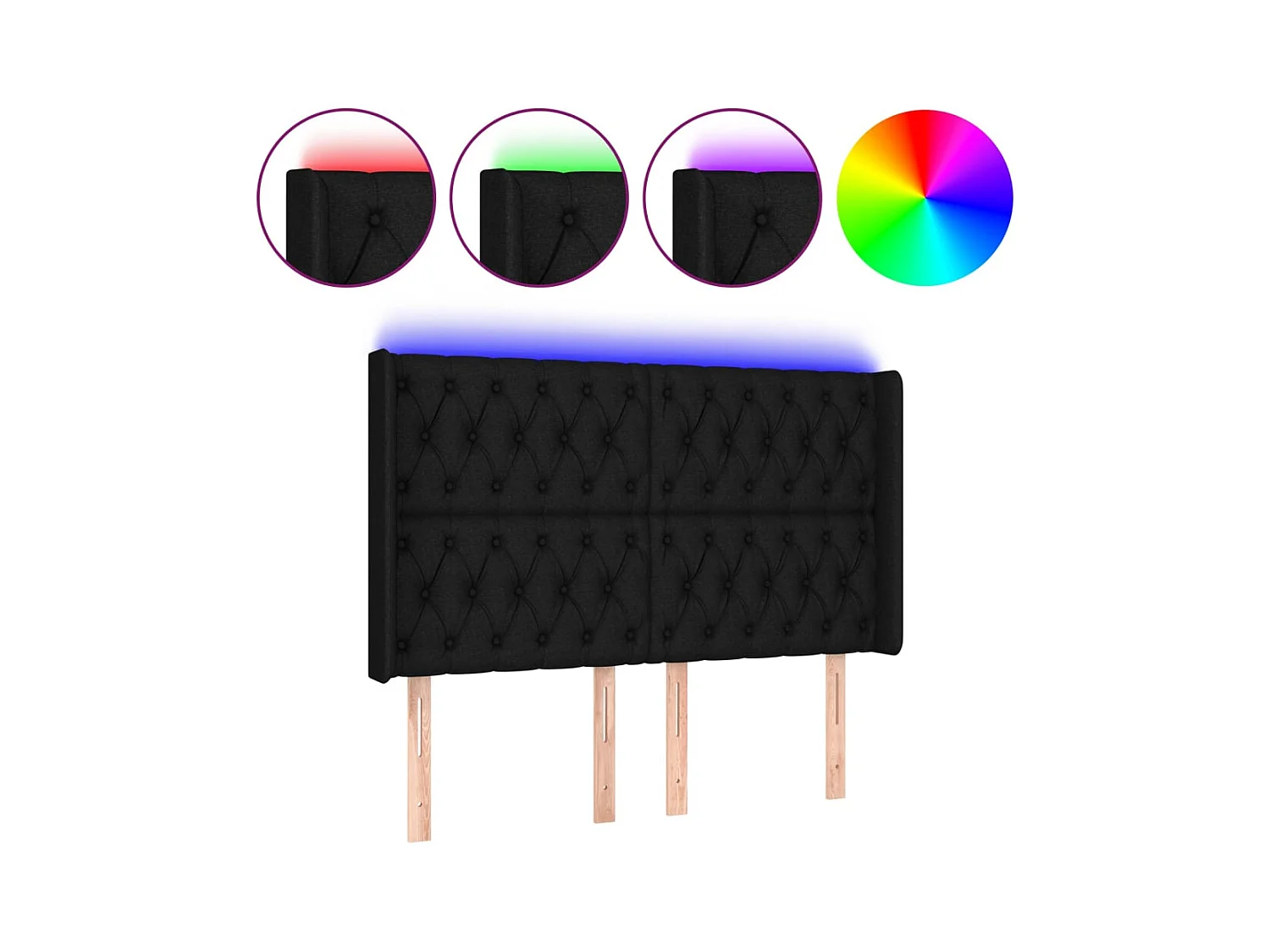 Mueble cabecero | Cabezal de cama | Cabecero con LED de tela negro 163x16x118/128 cm