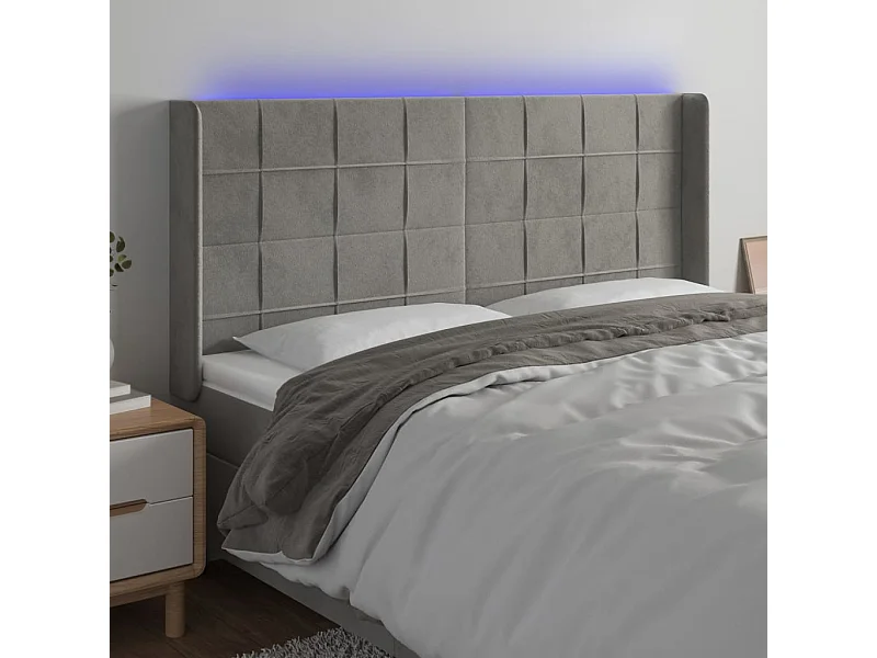 Tête de Lit | Panneau de tête pour lit Moderne à LED Gris clair 183x16x118/128 cm Velours