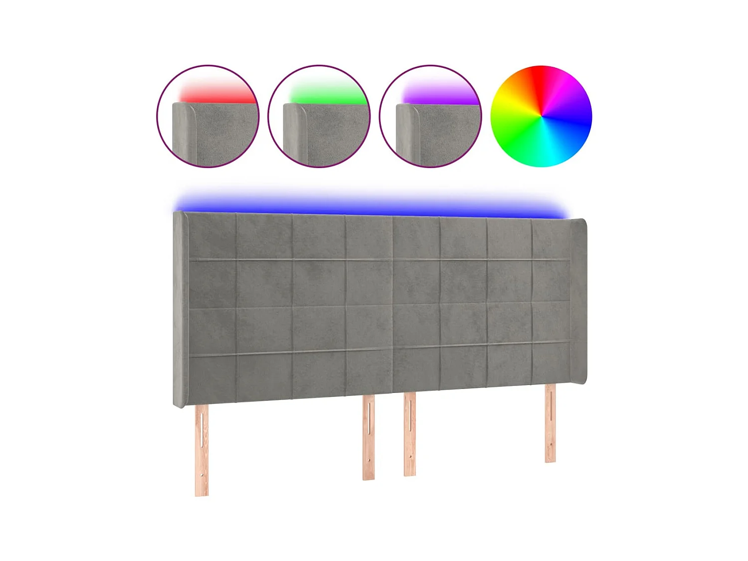 Tête de Lit | Panneau de tête pour lit Moderne à LED Gris clair 183x16x118/128 cm Velours