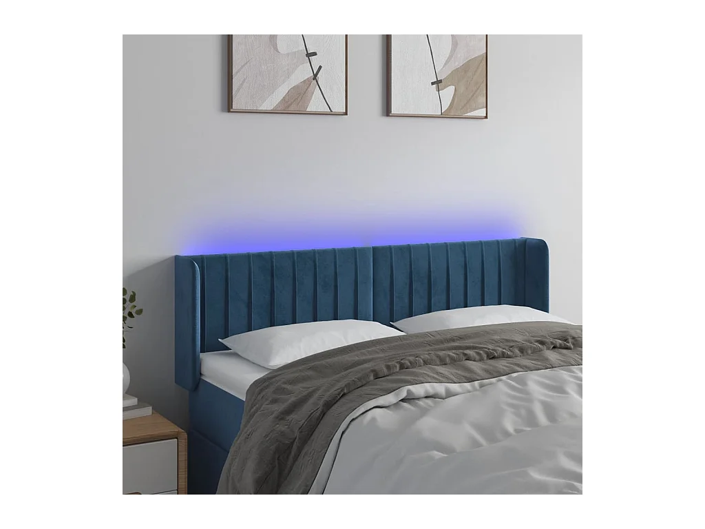 Tête de Lit | Panneau de tête pour lit Moderne à LED Bleu foncé 147x16x78/88 cm Velours