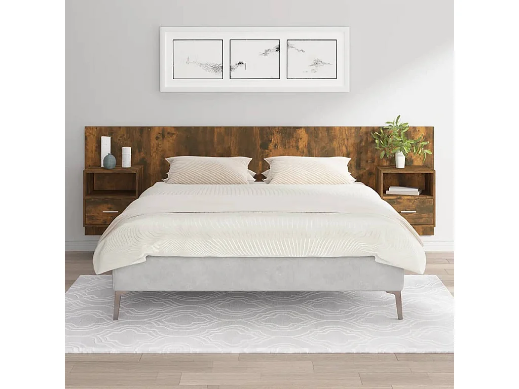 Cabecero de Cama | Cabezal de cama | Mueble de cabecero con mesitas madera contrachapada roble ahumado