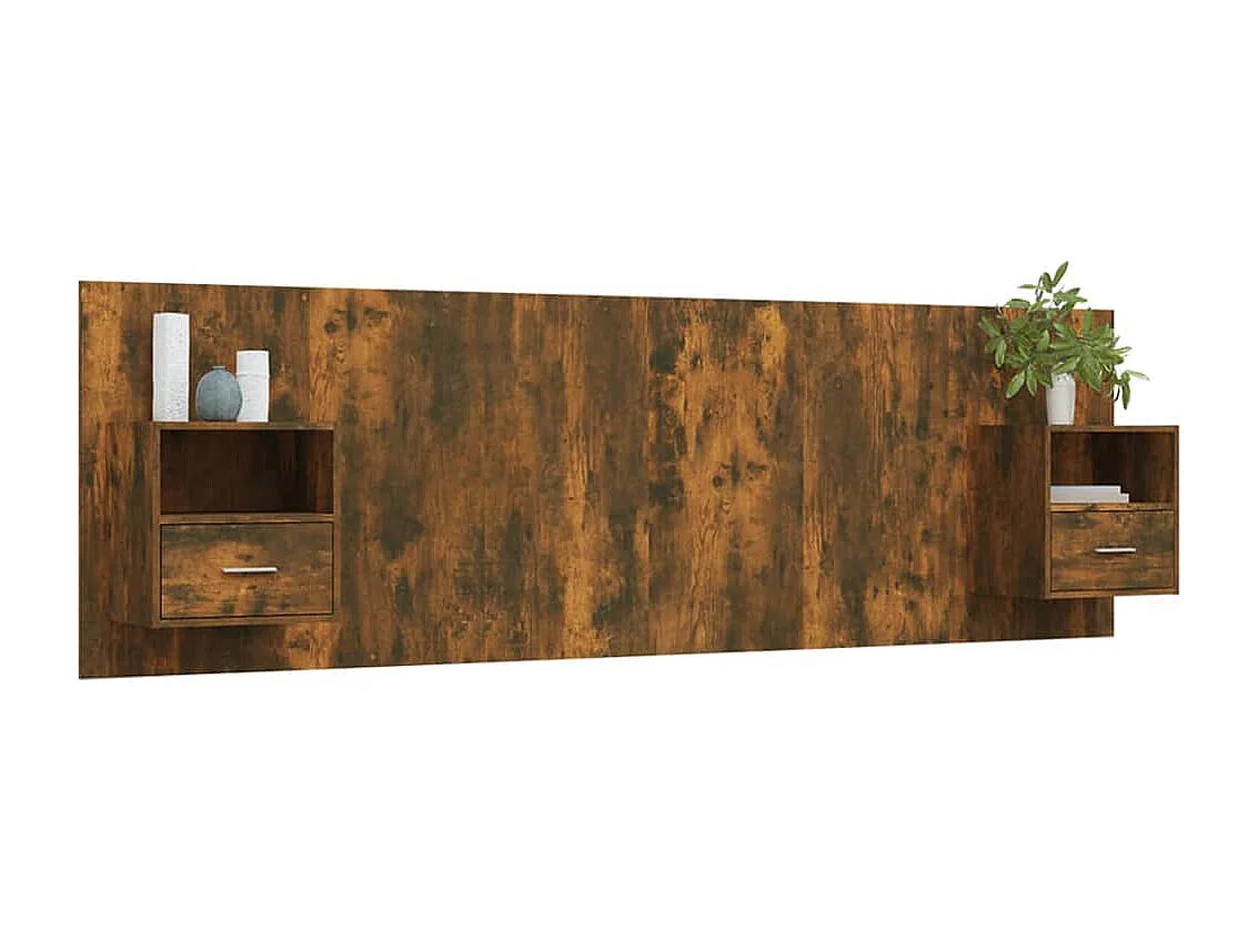 Cabecero de Cama | Cabezal de cama | Mueble de cabecero con mesitas madera contrachapada roble ahumado