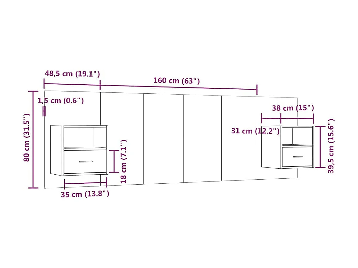 Cabecero de Cama | Cabezal de cama | Mueble de cabecero con mesitas madera contrachapada roble ahumado