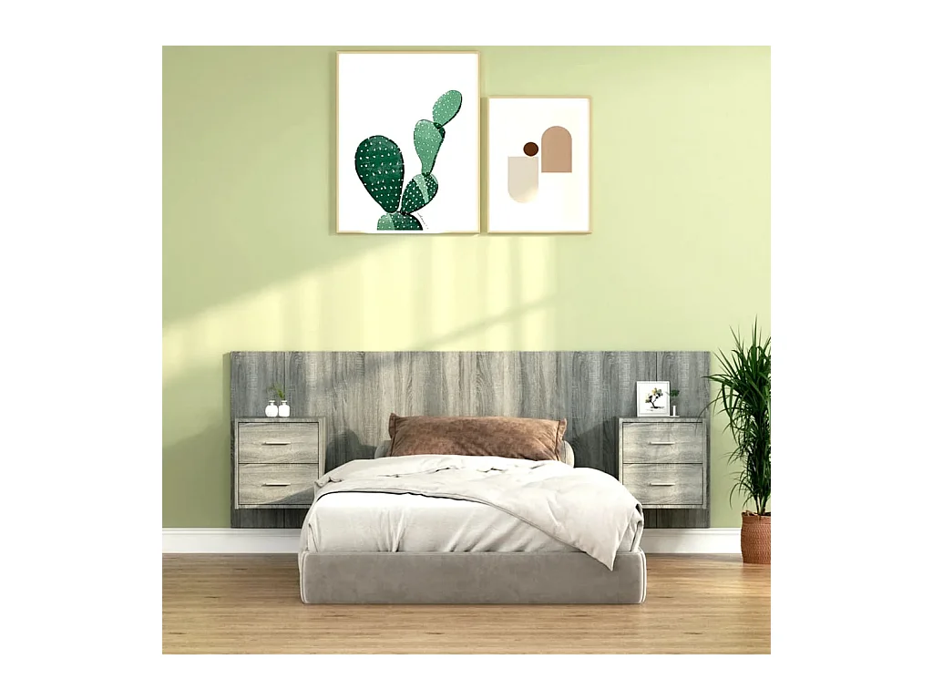 Cabecero de Cama | Cabezal de cama | Mueble de cabecero con mesitas madera contrachapada gris Sonoma