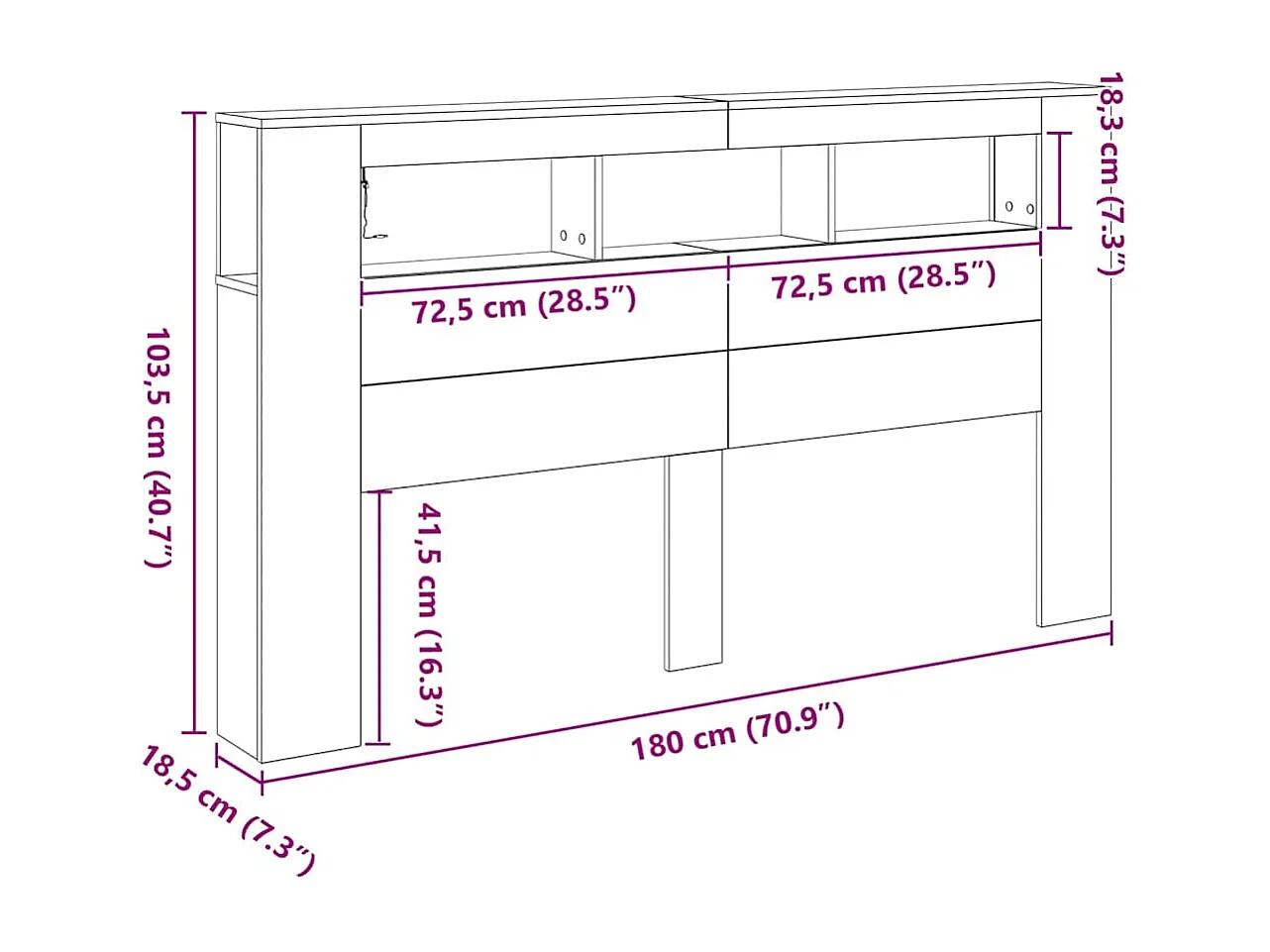 Mueble cabecero | Cabecero | Cabezal de cama LED con estante Roble negro 180 x 18.5 x 103.5 cm