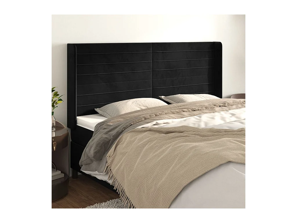 Tête de Lit | Panneau de tête pour lit Moderne avec oreilles Noir 203x16x118/128 cm Velours