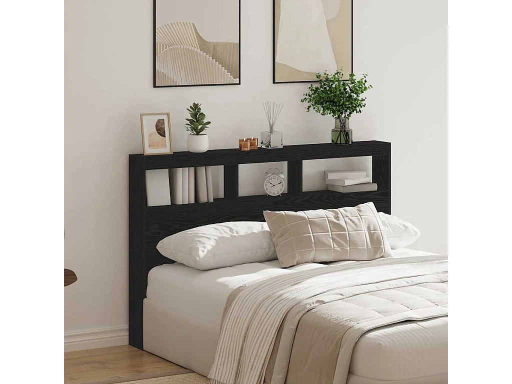 Cabecero de Cama | Cabezal de cama | Mueble de cabecero con LED roble negro 160x17x102 cm