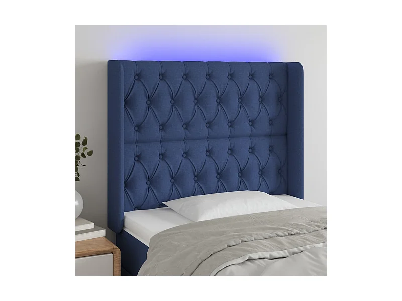 Mueble cabecero | Cabezal de cama | Cabecero con LED de tela azul 103x16x118/128 cm