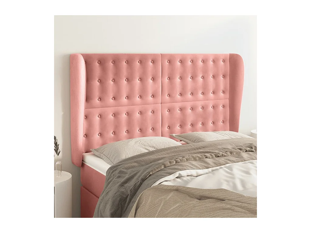 Cabecero | Cabezal de Cama | Mueble cabecero con orejas de terciopelo rosa 147x23x118/128 cm