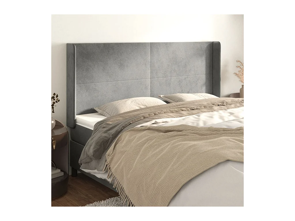 Tête de Lit | Panneau de tête pour lit Moderne avec oreilles Gris clair 183x16x118/128 cm Velours