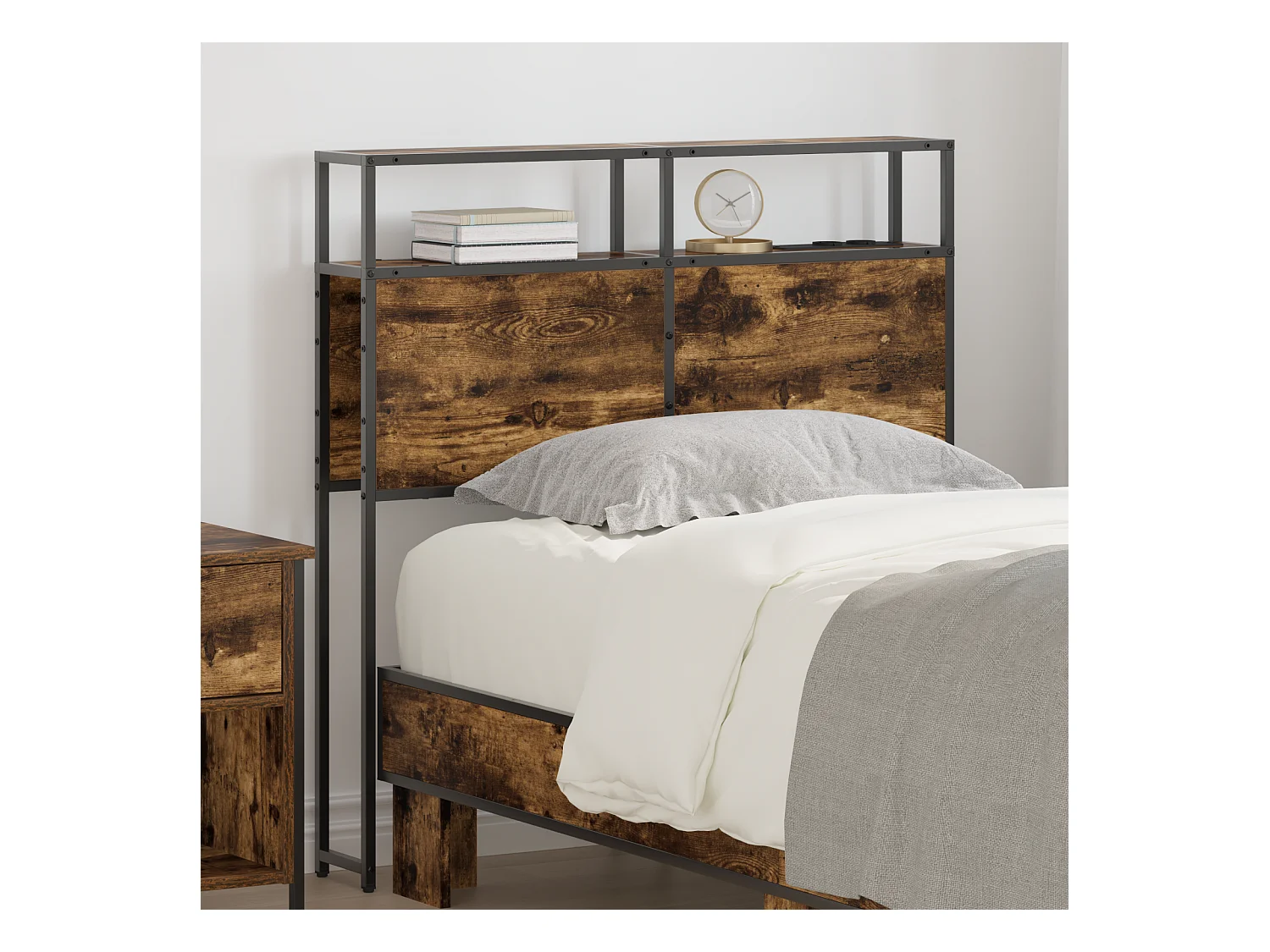 Mueble cabecero con almacenamiento | Cabecera de almacenamiento con estante Roble ahumado 90 cm