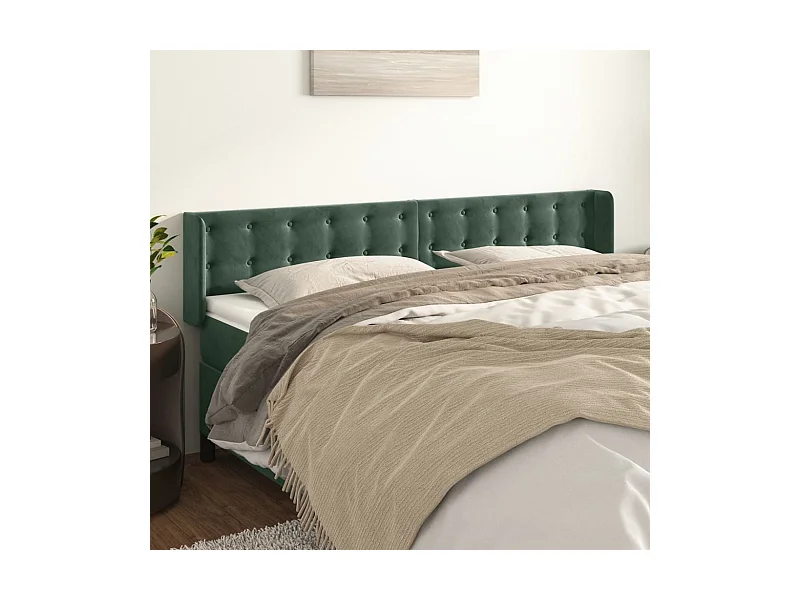 Tête de Lit | Panneau de tête pour lit Moderne avec oreilles Vert foncé 163x16x78/88 cm Velours