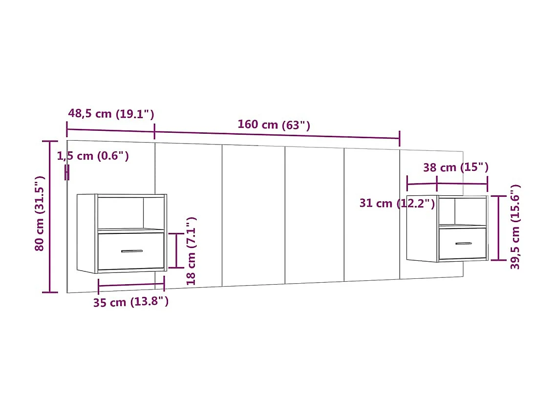 Cabecero de Cama | Cabezal de cama | Mueble de cabecero con mesitas madera contrachapada gris hormigón