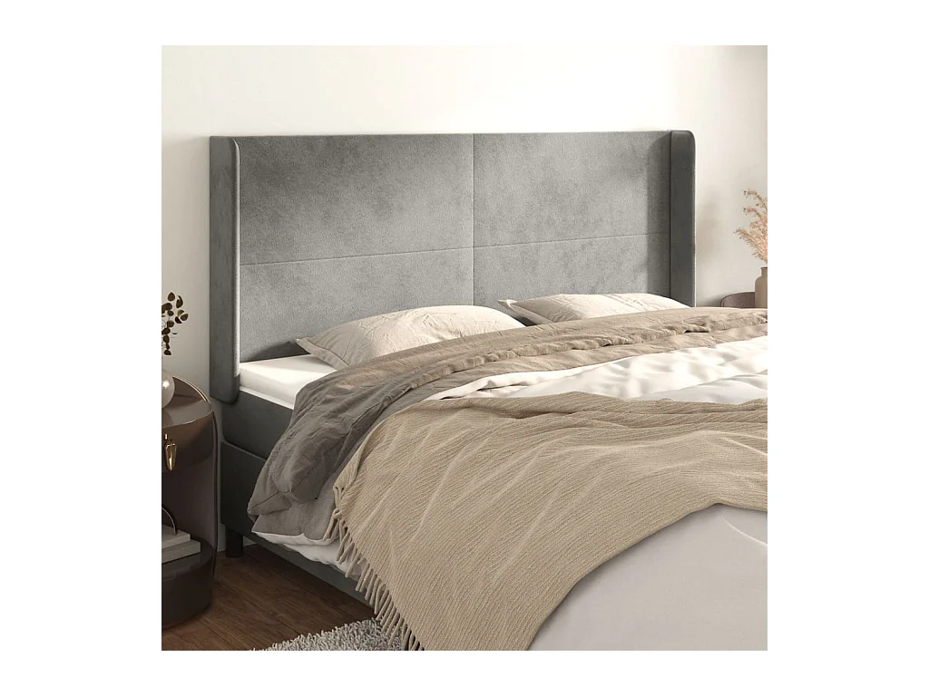 Cabecero | Cabezal de Cama | Mueble cabecero con orejas de terciopelo gris claro 163x16x118/128 cm