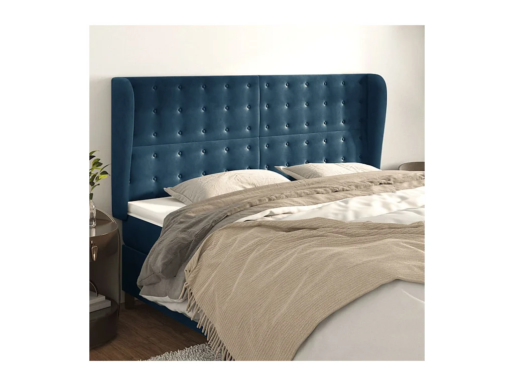 Tête de Lit | Panneau de tête pour lit Moderne avec oreilles Bleu foncé 183x23x118/128 cm Velours