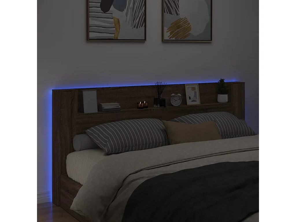 Tête de Lit avec rangement | Armoire de tête de lit avec LED chêne marron 220x16,5x103,5 cm