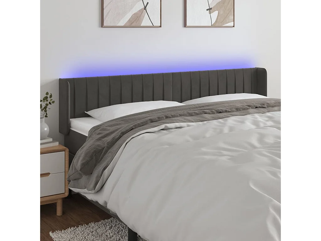 Tête de Lit | Panneau de tête pour lit Moderne à LED Gris foncé 203x16x78/88 cm Velours