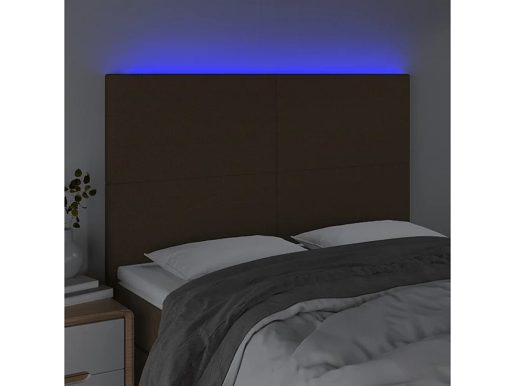 Cabecero | Cabezal de Cama | Mueble cabecero con luces LED tela marrón oscuro 144x5x118/128 cm