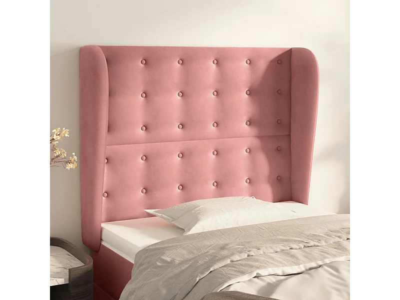 Cabecero | Cabezal de Cama | Mueble cabecero con orejas de terciopelo rosa 103x23x118/128 cm
