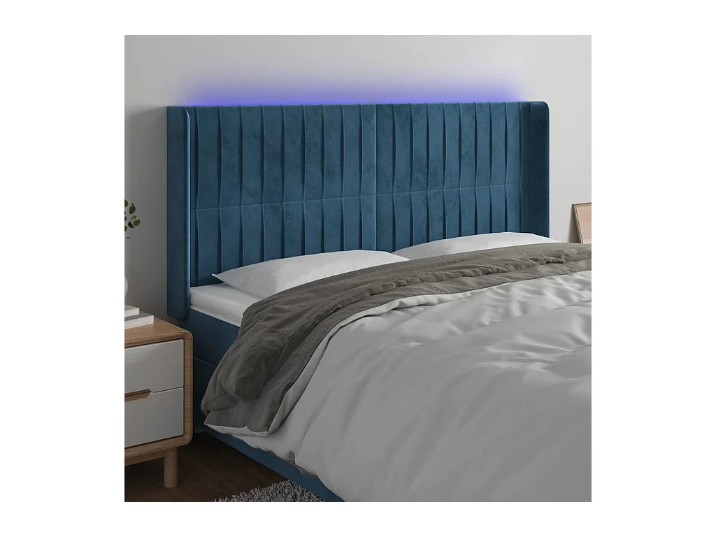 Cabecero | Cabezal de Cama | Mueble cabecero con LED de terciopelo azul oscuro 183x16x118/128 cm