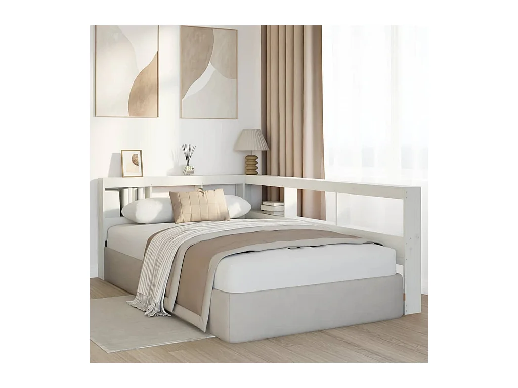 Mueble cabecero | Cabecero | Cabezal de cama librería en forma L madera maciza pino blanco 120 cm