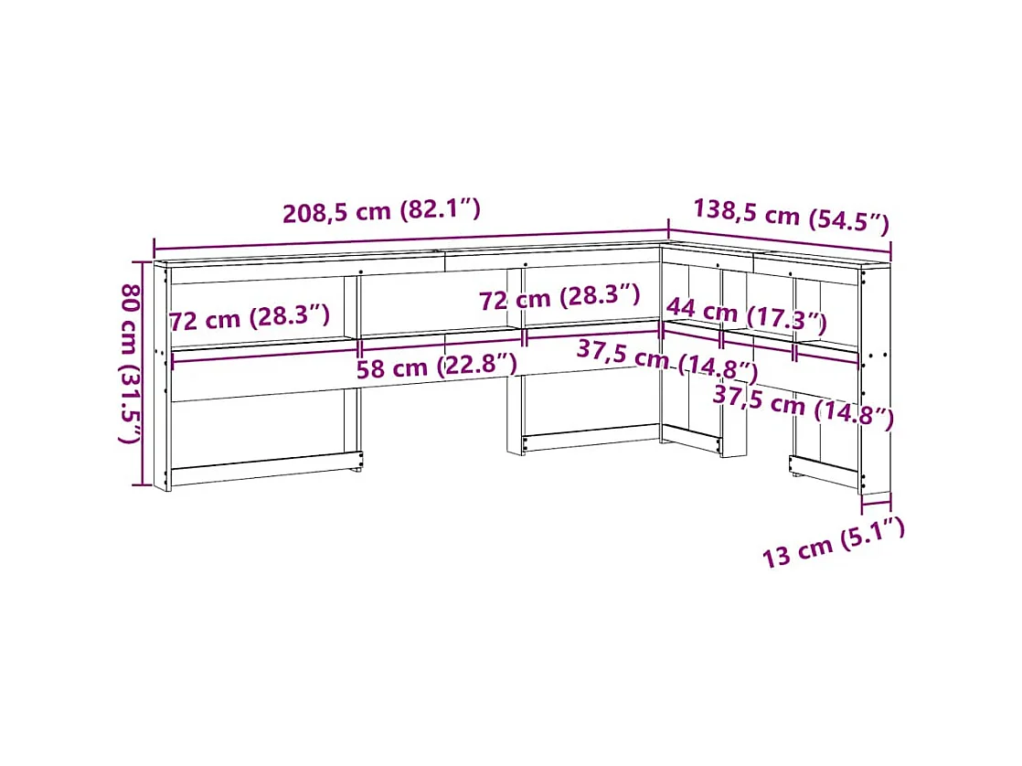 Mueble cabecero | Cabecero | Cabezal de cama librería en forma L madera maciza pino blanco 120 cm