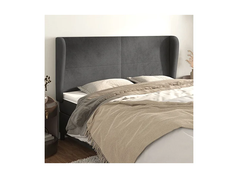 Cabecero | Cabezal de Cama | Mueble cabecero con orejas de terciopelo gris oscuro 163x23x118/128 cm