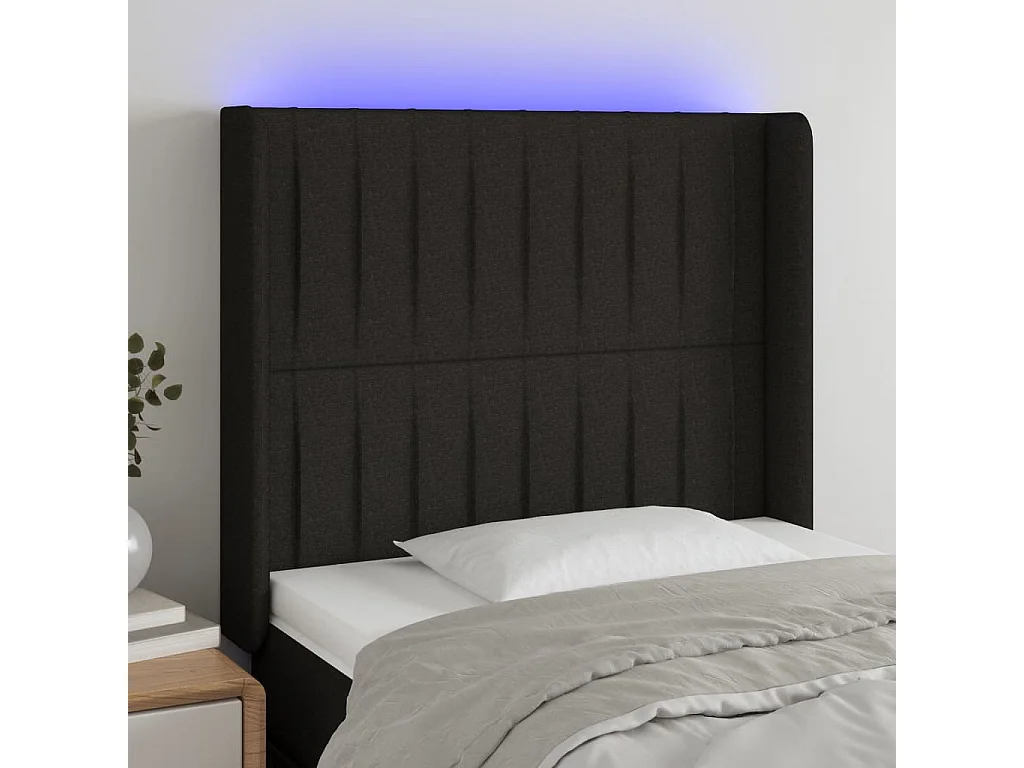 Mueble cabecero | Cabezal de cama | Cabecero con LED de tela negro 83x16x118/128 cm