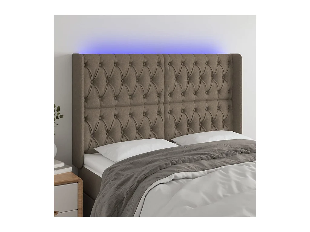 Mueble cabecero | Cabezal de cama | Cabecero con LED de tela gris taupe 147x16x118/128 cm
