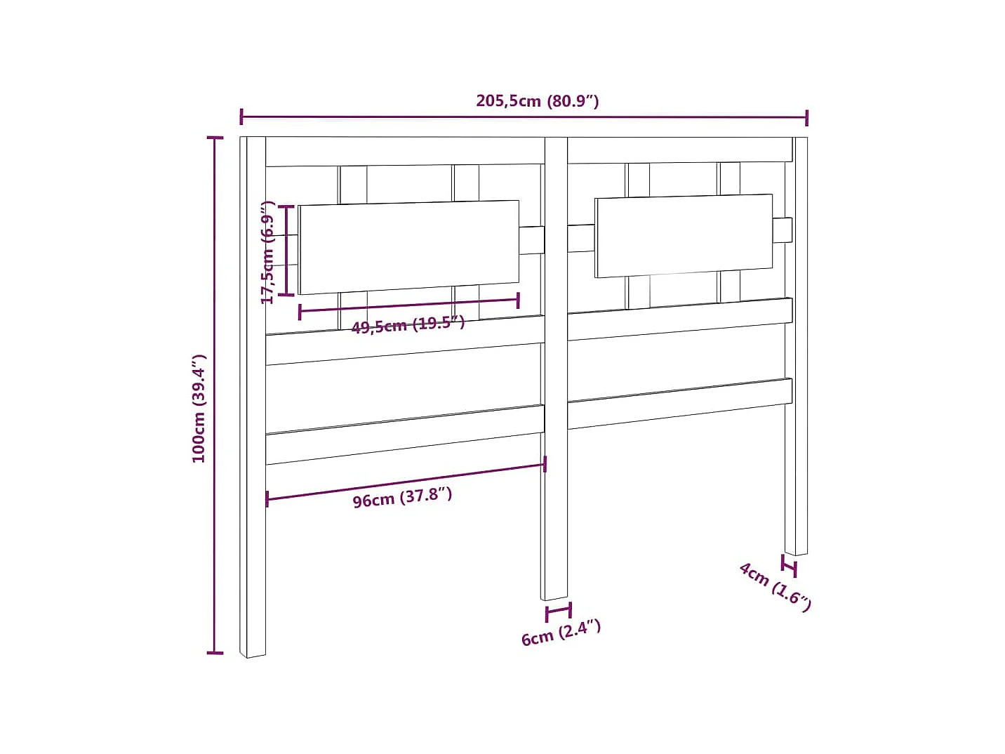 Cabecero de Cama | Cabezal de cama | Mueble de cabecero madera maciza de pino blanco 205,5x4x100 cm