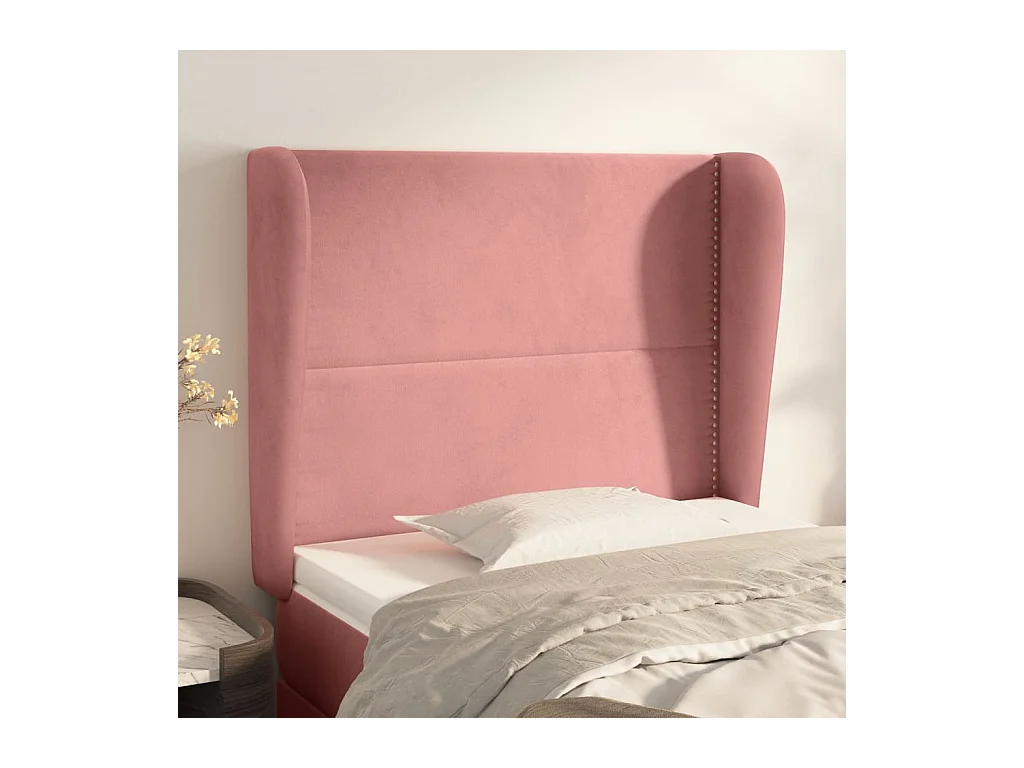 Cabecero | Cabezal de Cama | Mueble cabecero con orejas de terciopelo rosa 103x23x118/128 cm