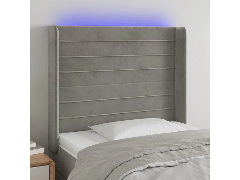 Cabecero | Cabezal de Cama | Mueble cabecero con LED de terciopelo gris claro 103x16x118/128 cm
