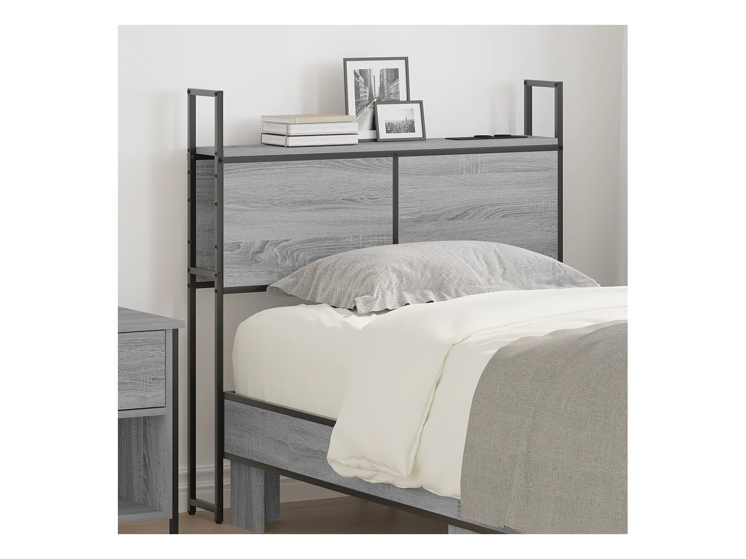 Mueble cabecero | Cabezal de cama | Cabecero de Almacenamiento con Estación de Carga Gris sonoma
