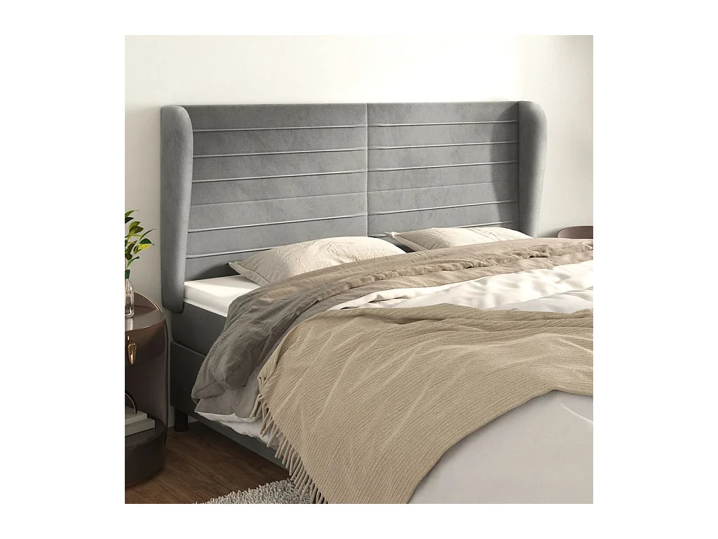 Cabecero | Cabezal de Cama | Mueble cabecero con orejas de terciopelo gris claro 183x23x118/128 cm