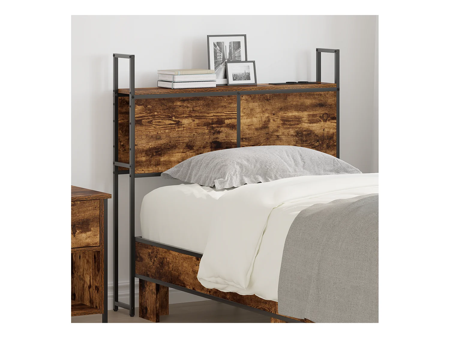 Mueble cabecero | Cabezal de cama | Cabecero de Almacenamiento con Estación de Carga Roble ahumado